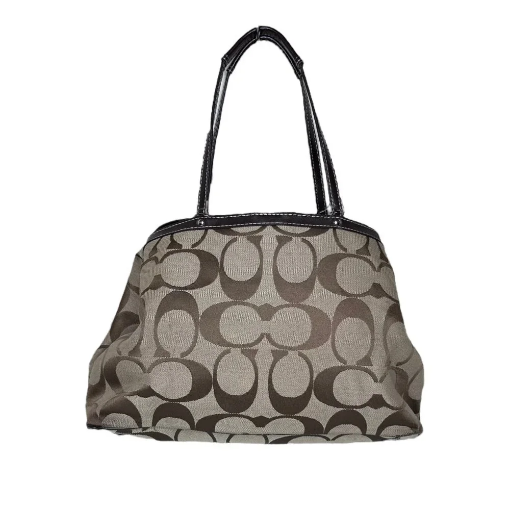 Coach Khaki and Mahogany Stripe Signature Kisslock Carryall Bag F19190 - Picture 6 of 13